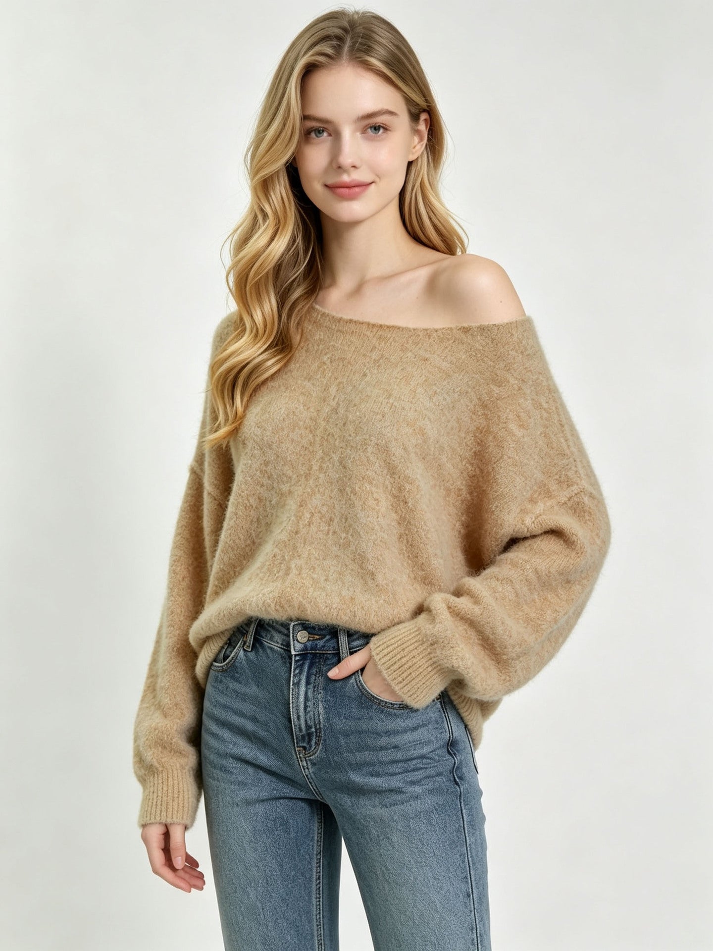 Mohair Sweater for Women — Off Shoulder Boat Neck Knit with Soft Oversized Drape