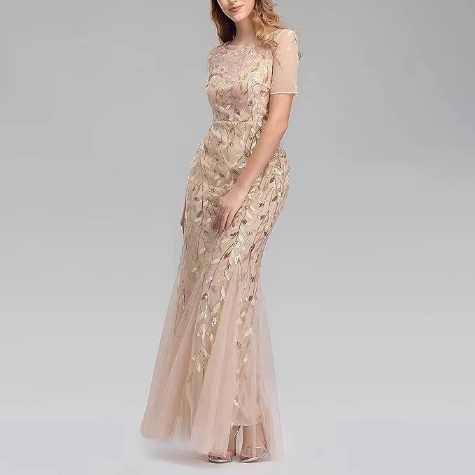 Women's mesh sequin fishtail evening dress, short sleeves, side view, gold-beige tone