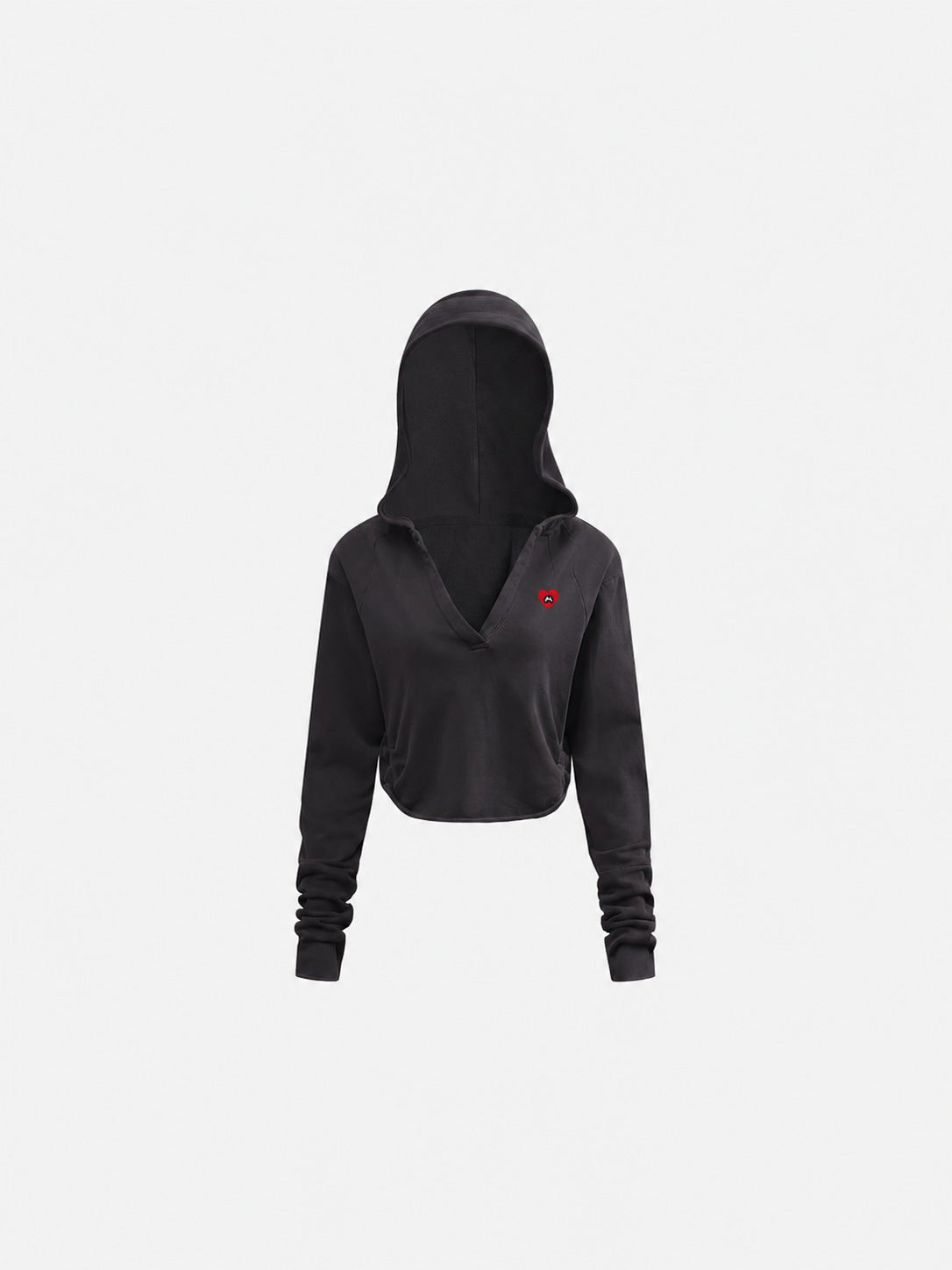 Black cropped hooded sweatshirt, back view with hood up and small logo detail