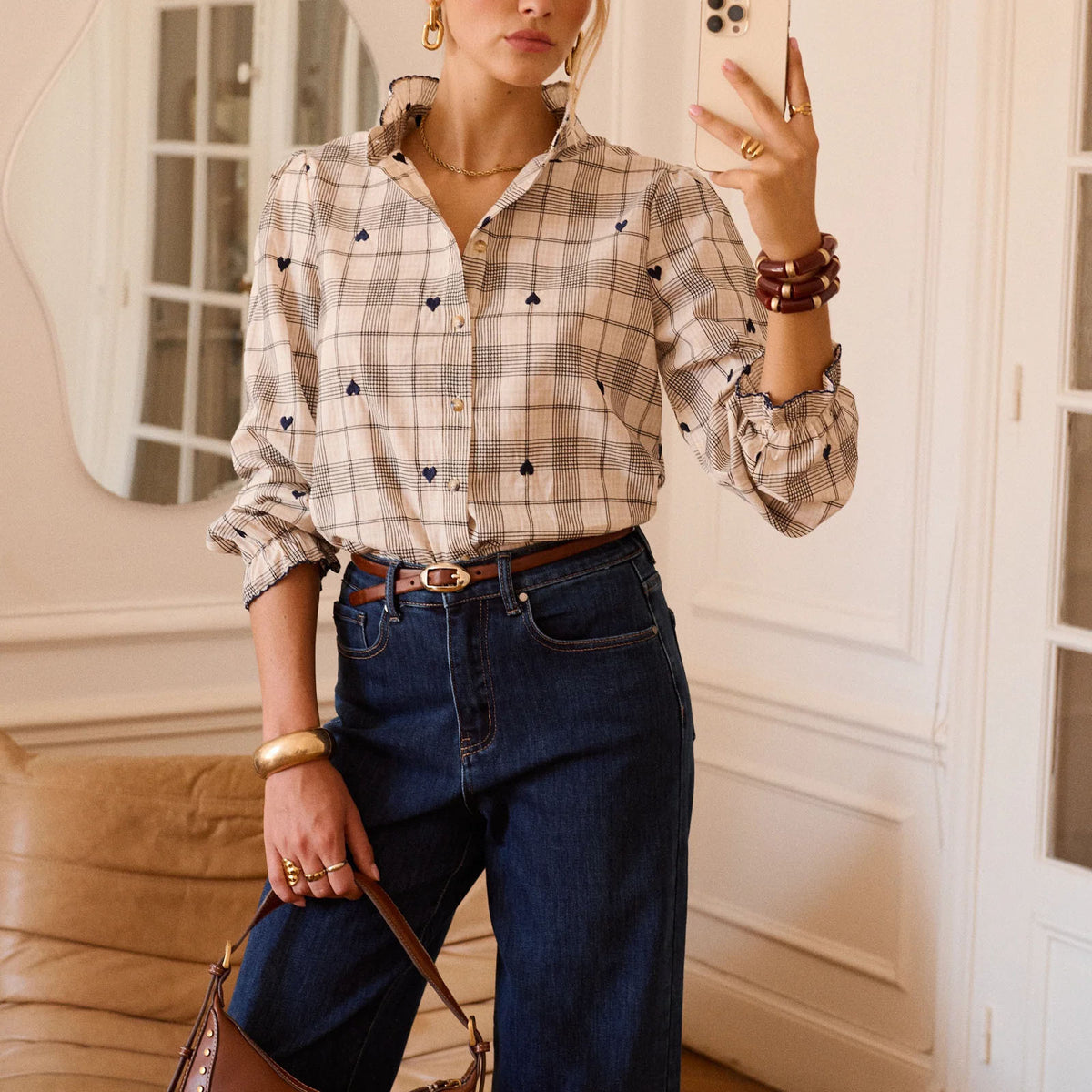 Women’s khaki plaid stand-collar shirt with heart embroidery, button front; gathered cuffs