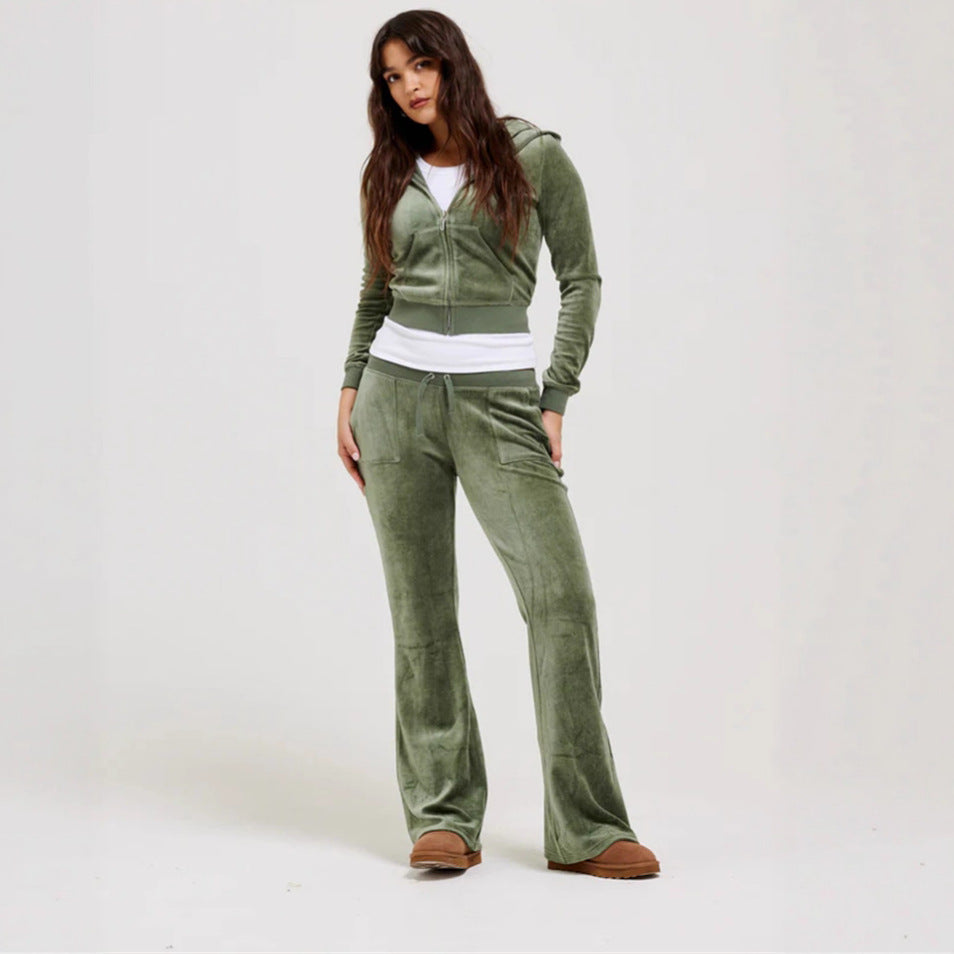 Green velvet zip-front hoodie and wide-leg drawstring pants two-piece set for women