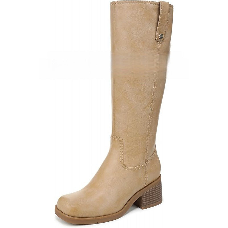 Khaki tall riding boots with front seam and stacked block heel