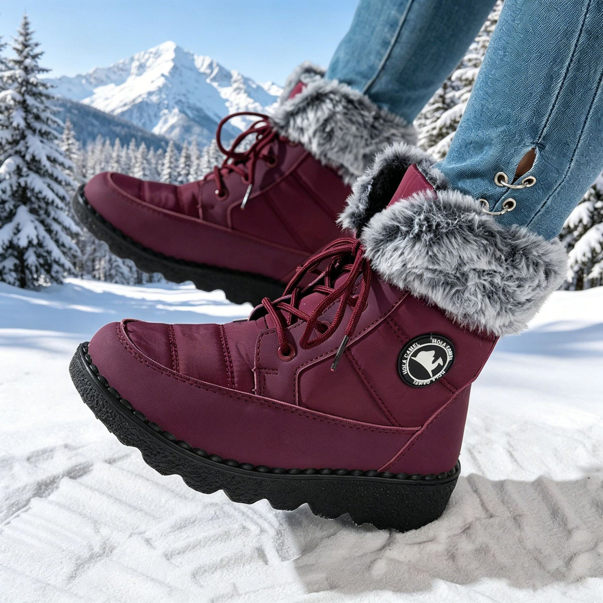 Burgundy red lace-up winter boots with faux-fur cuff, logo patch, and thick sole