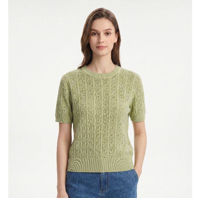 Short Sleeve Cable Knit Sweater for Women — Lightweight Crewneck Pullover in Cotton