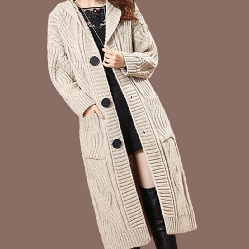 Off-white hooded knitted cardigan with button front and cable texture, long sleeves