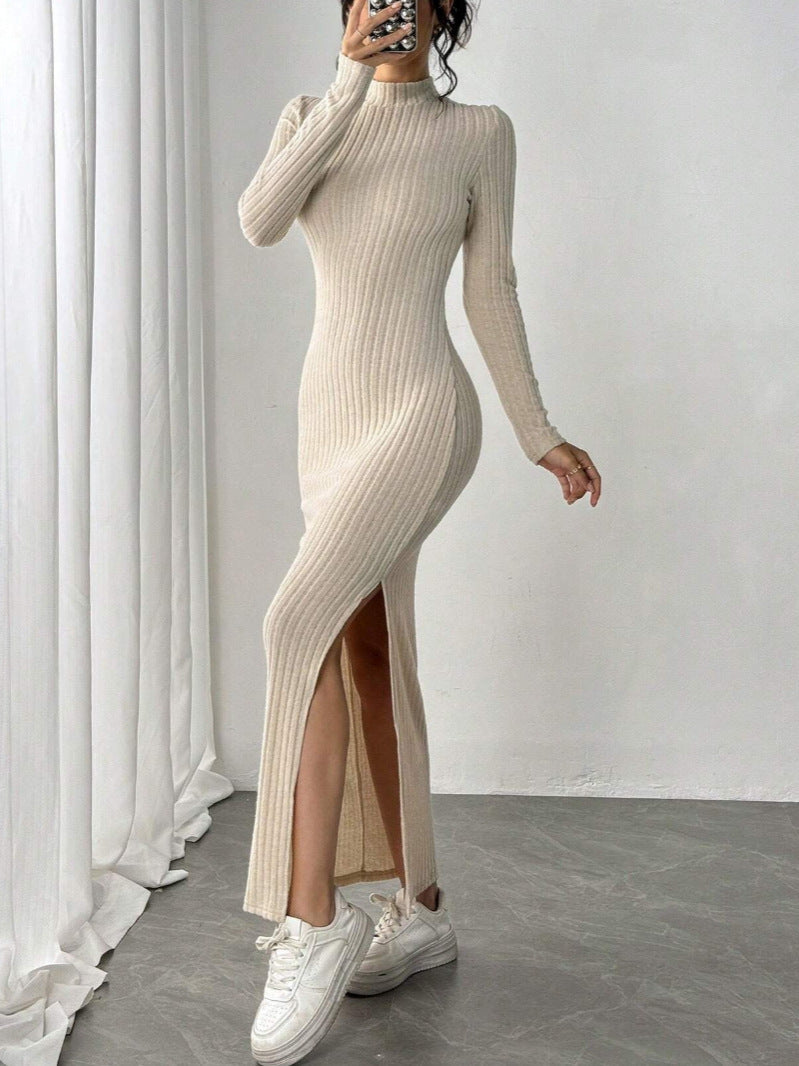 Ribbed Bodycon Maxi Dress with High Slit — Mock Neck Long Sleeve Knit Design