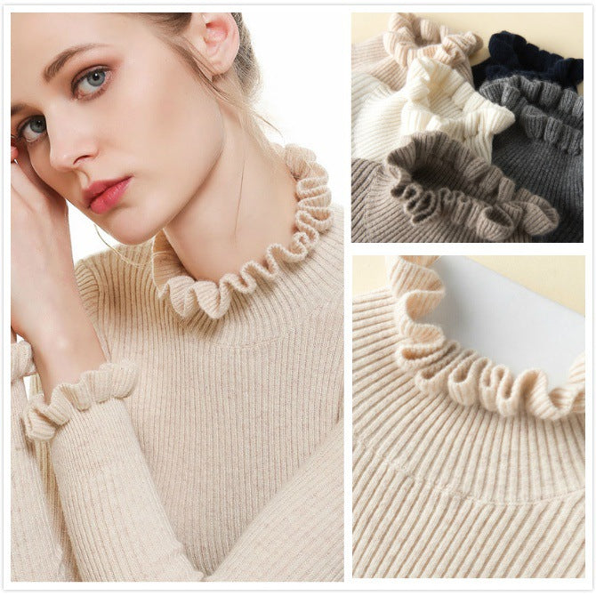 Women's camel knit sweater mock turtleneck ruffle trim, close-up knit texture
