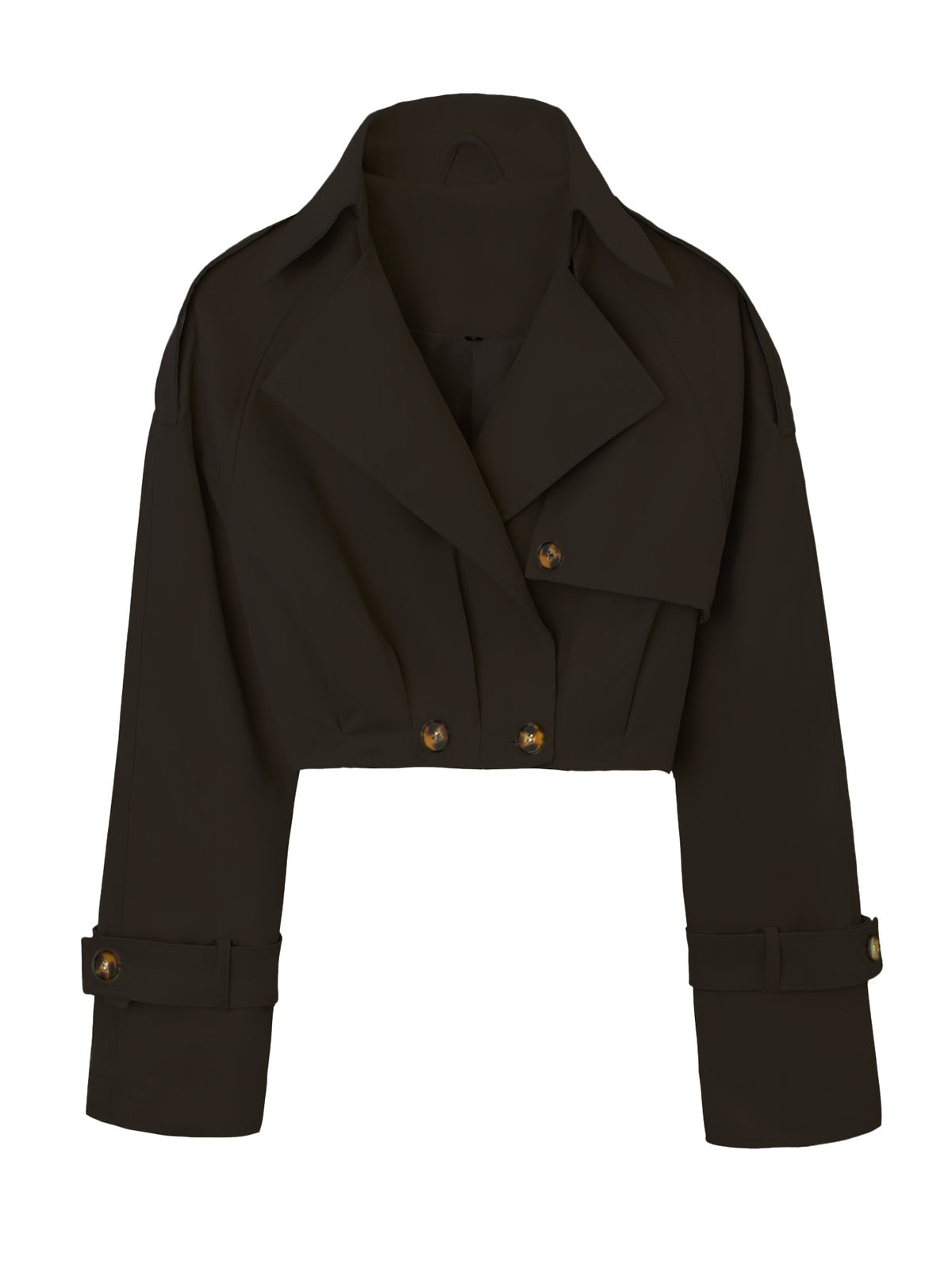 Brown short double-breasted trench coat with long sleeves and lapel collar