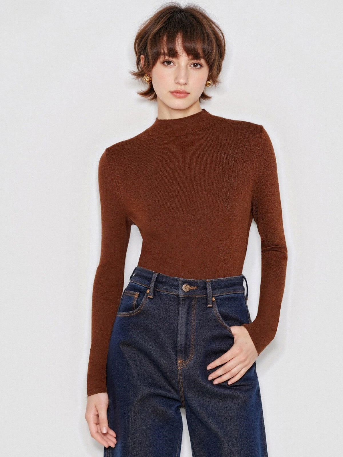 Chestnut brown half turtleneck wool knit sweater with long sleeves