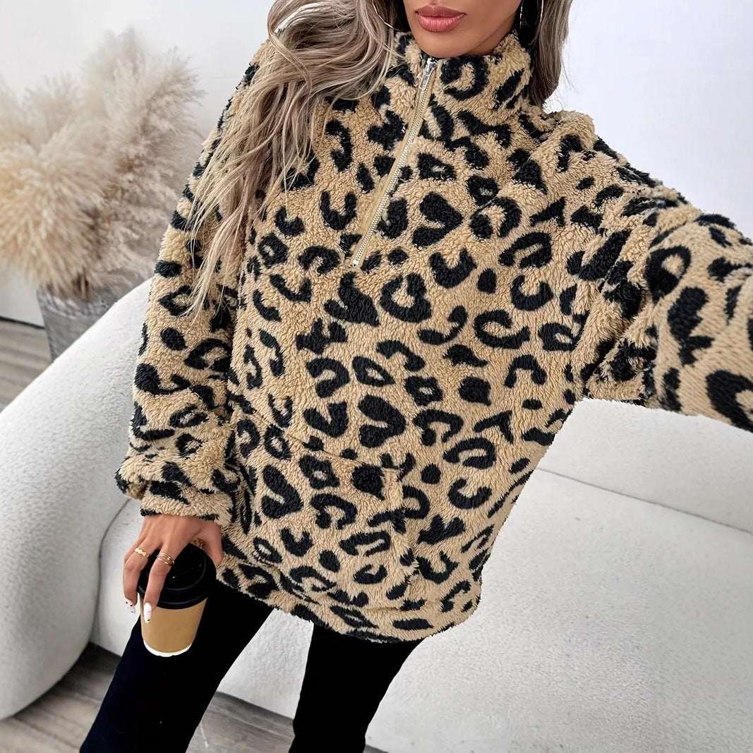 Leopard print zip-up fleece sweatshirt with front zipper and long sleeves