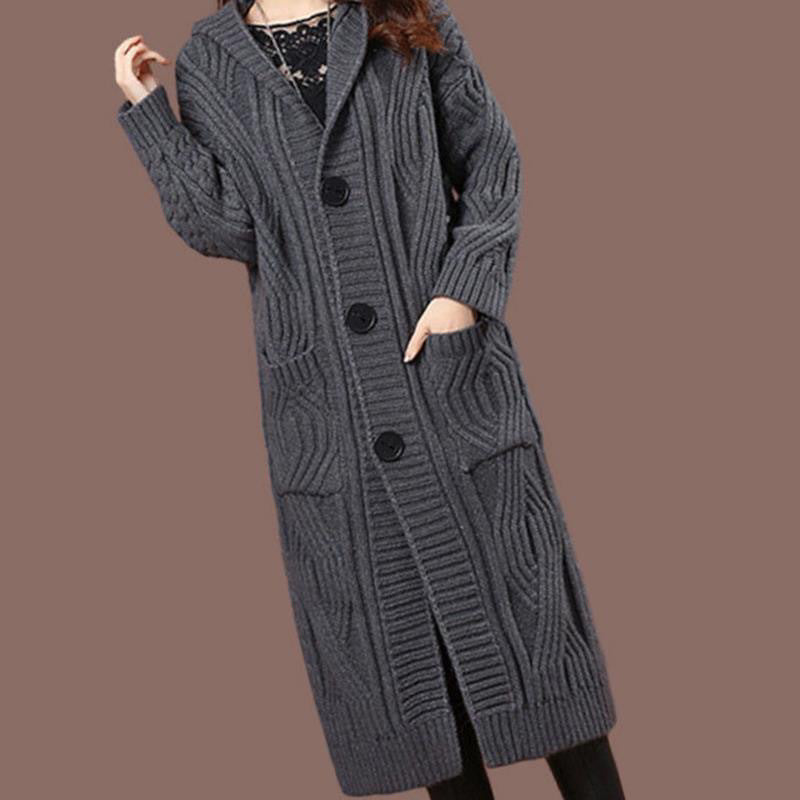 Dark gray hooded chunky knitted cardigan with button placket and front patch pocket