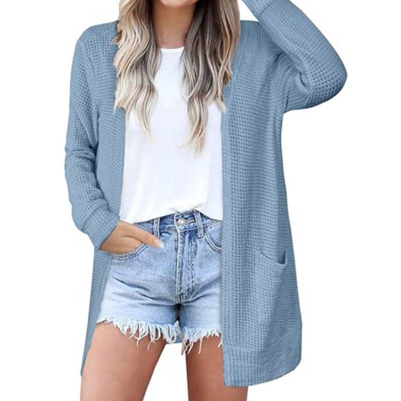 Waffle Knit Open Front Cardigan for Women — Long Lightweight Layer with Pockets in Cotton Blend