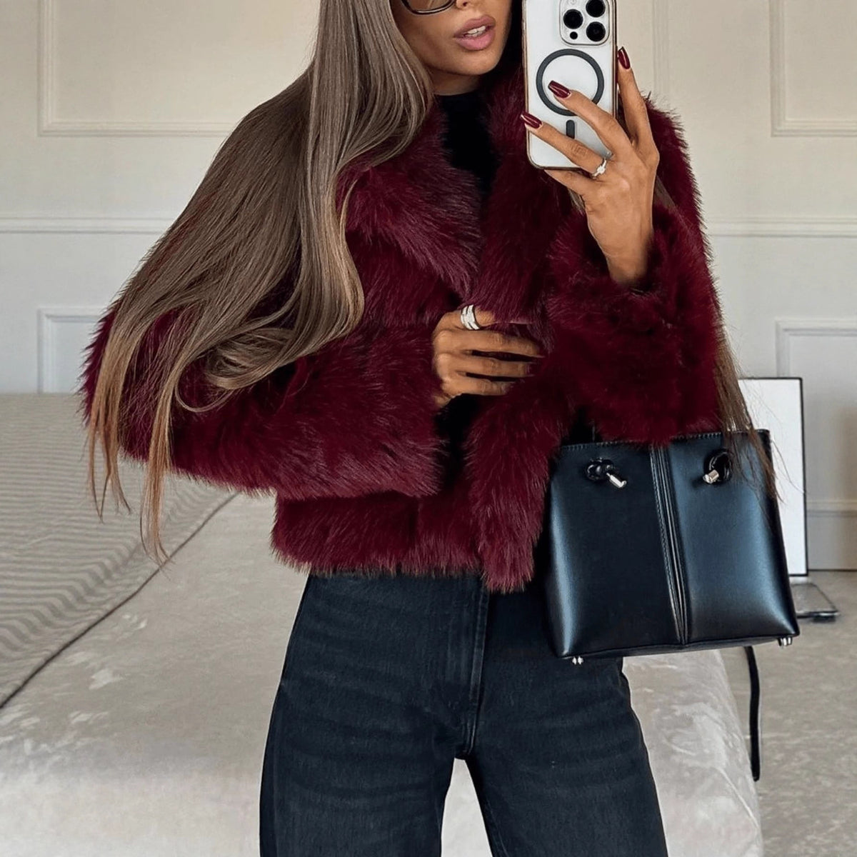 Wine red faux fur jacket with shawl-style lapels and long sleeves