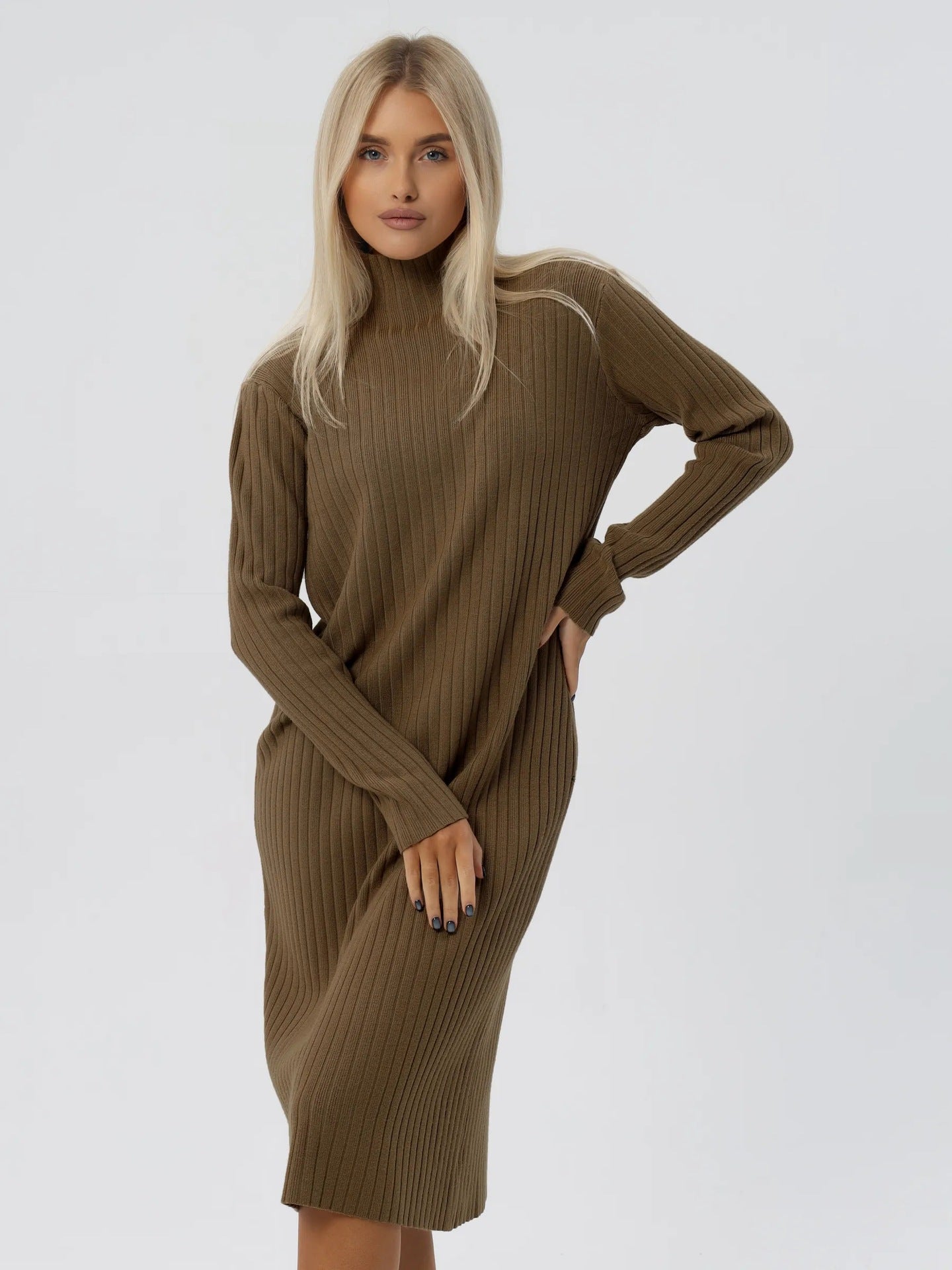 Oversized Sweater Dress in Midi Length — Mock Neck Ribbed Knit with a Relaxed Fit