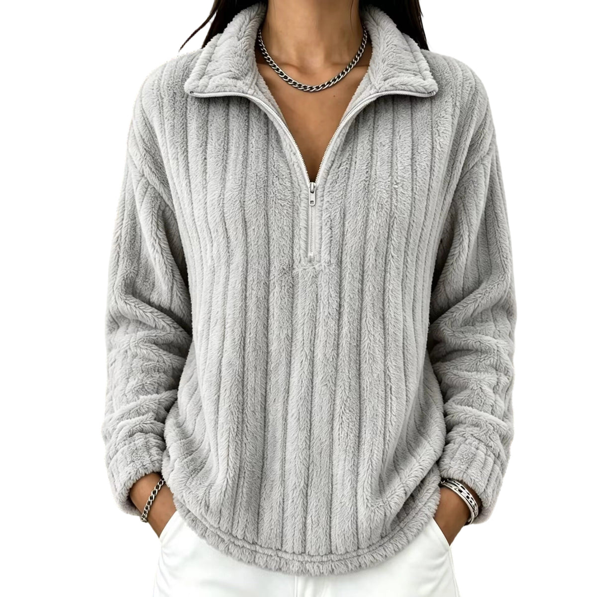 Women’s plush ribbed quarter-zip pullover sweatshirt, long sleeves, light gray.