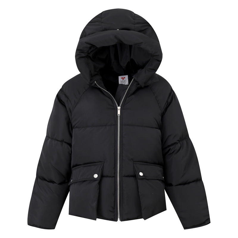 Women’s hooded puffer coat in black with full-zip front and snap flap pockets