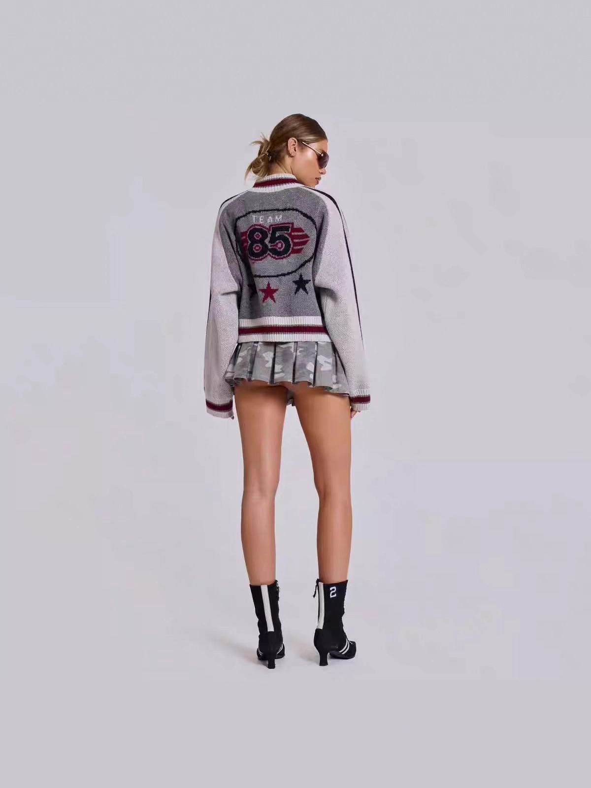 Zip Up Cardigan for Women — Cropped Varsity Sweater Jacket in Wool Blend Knit