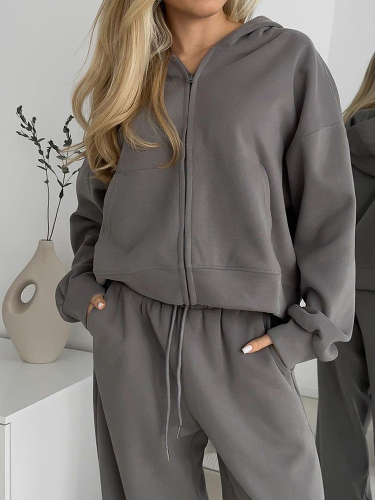 Women's dark-gray zip-hooded sports cardigan and jogger pants set with elastic hem