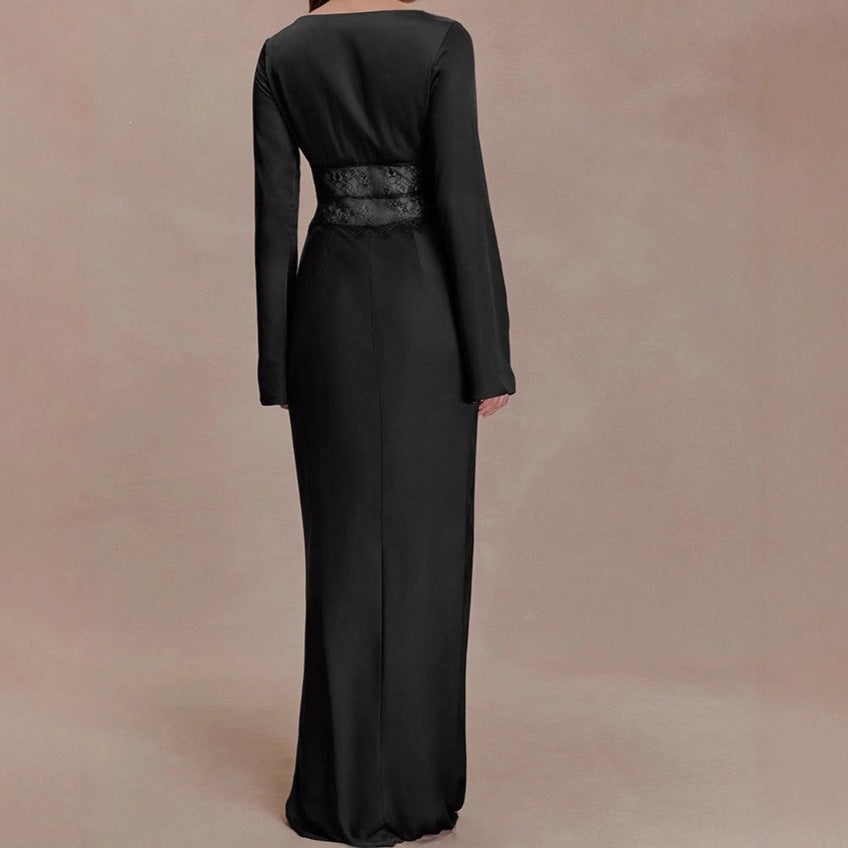 Satin Maxi Dress with Long Sleeves — Deep V Neck Evening Gown with Lace Waist