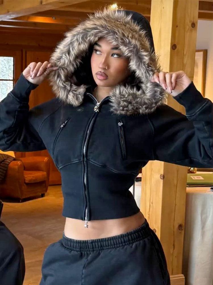 Black fitted zip hoodie with chunky faux-fur hood, front zipper and side pockets