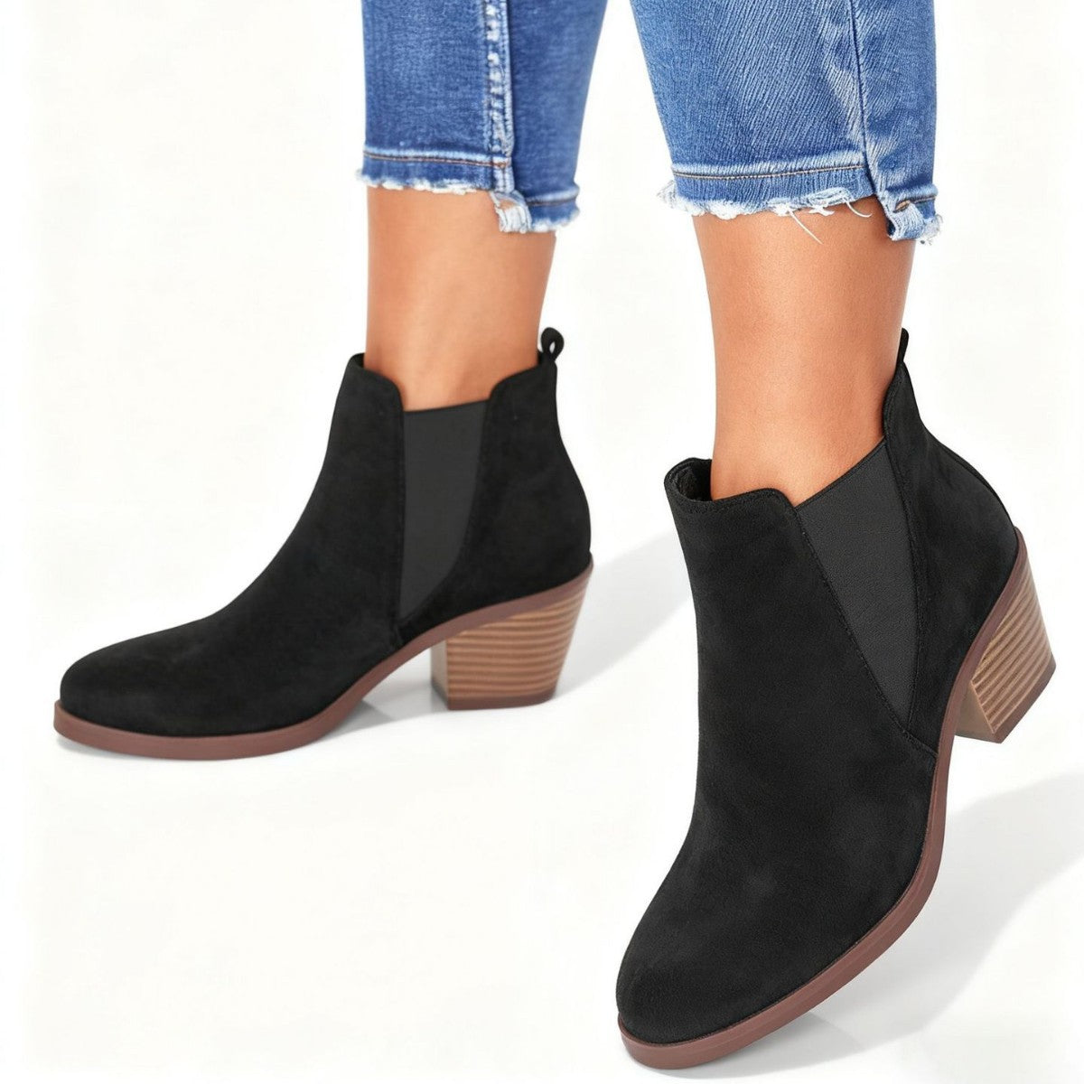 Suede Chelsea Boots for Women — Mid Block Heel Ankle Boots with Elastic Gore Panels