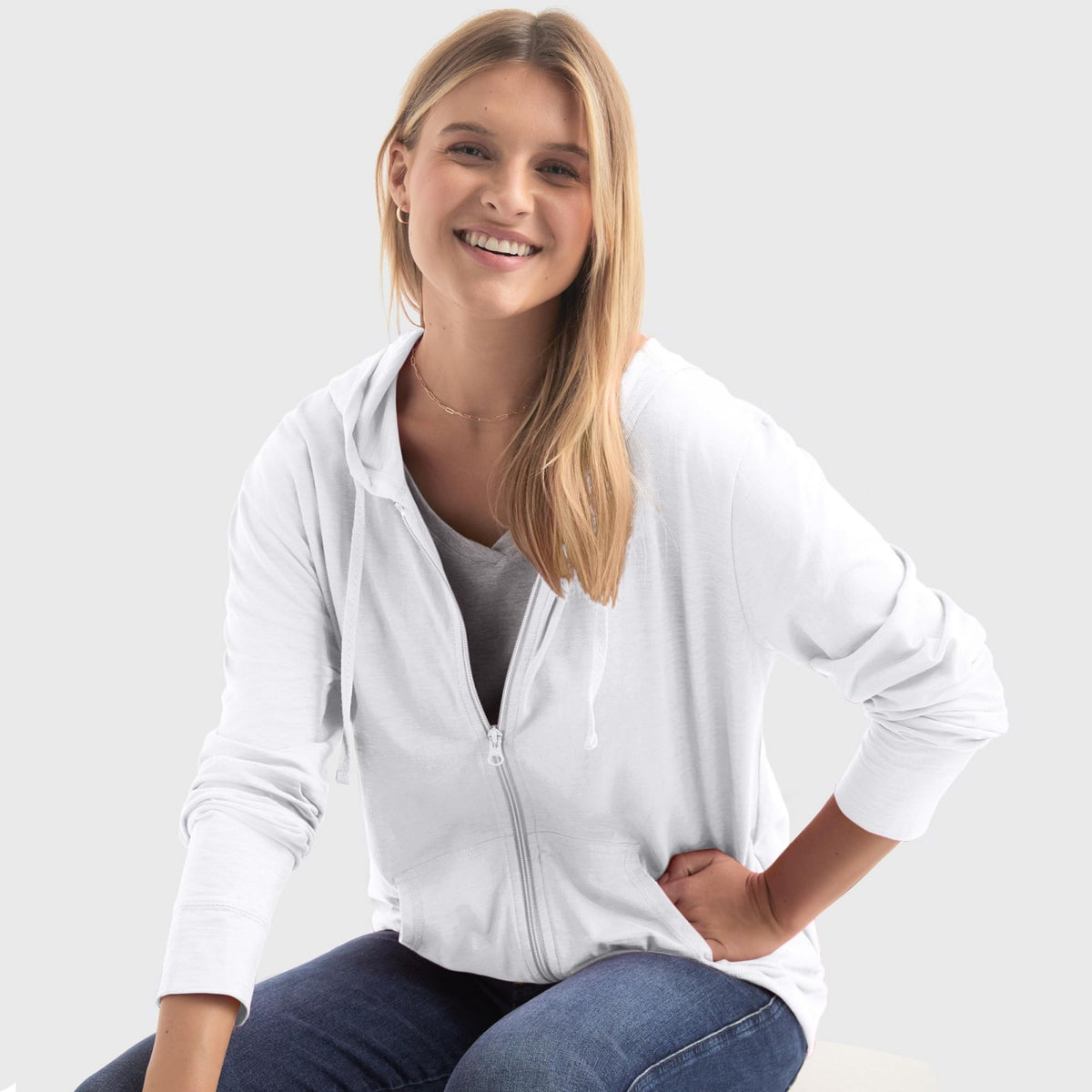White plus-size zip-up hoodie sweatshirt with adjustable hood and front zipper
