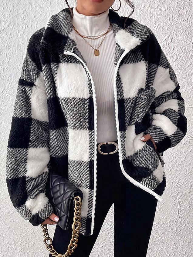 Plaid plush zip-up jacket in dark gray and white, faux-fur texture, front zipper