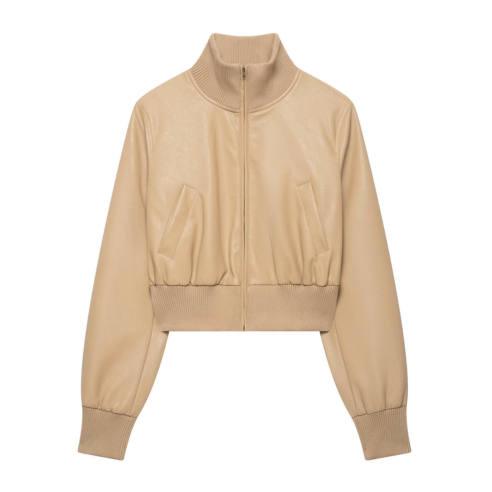 Khaki faux leather cropped bomber jacket with zip front and ribbed knit collar and cuffs
