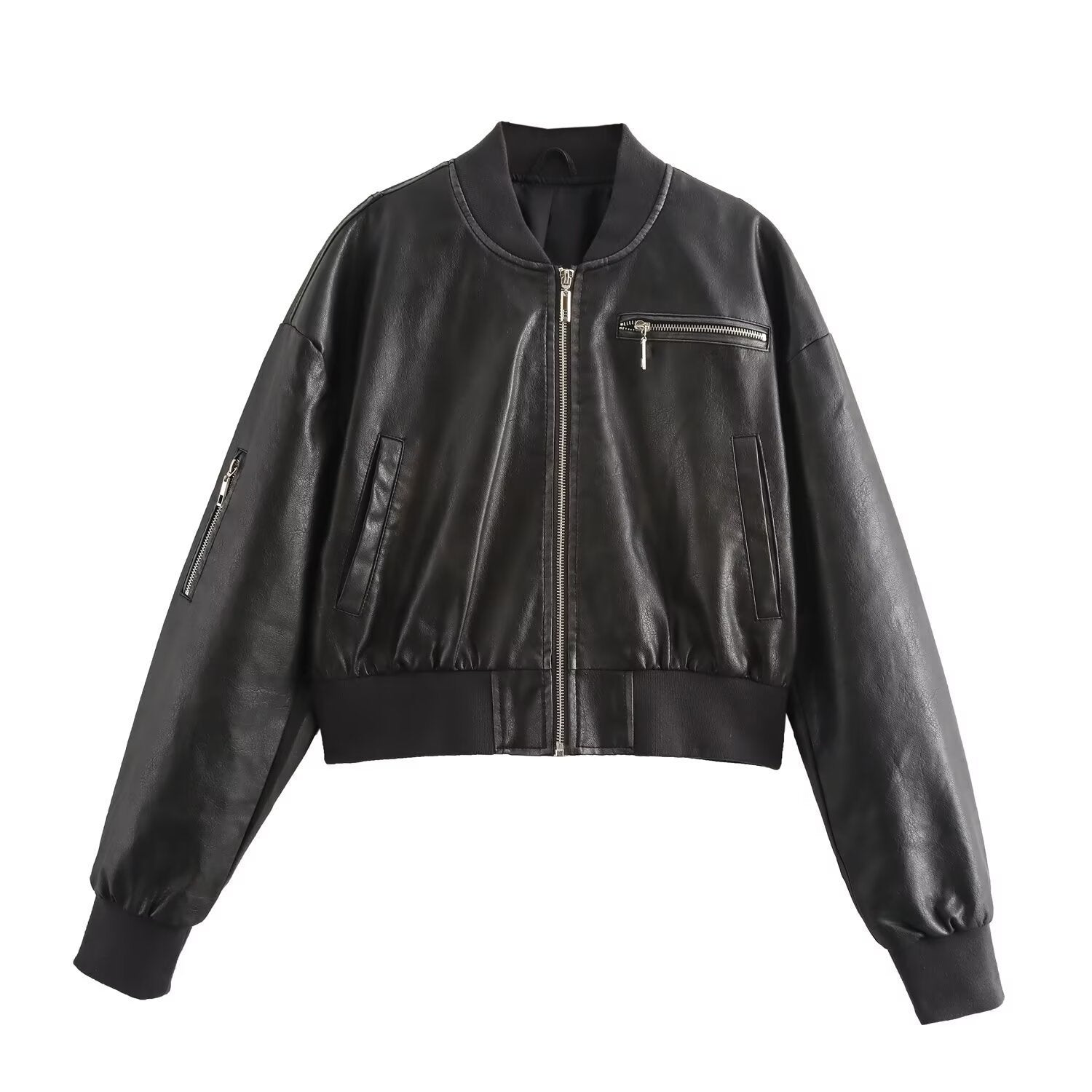 Women’s black zip-front faux leather jacket with chest pocket and stand collar