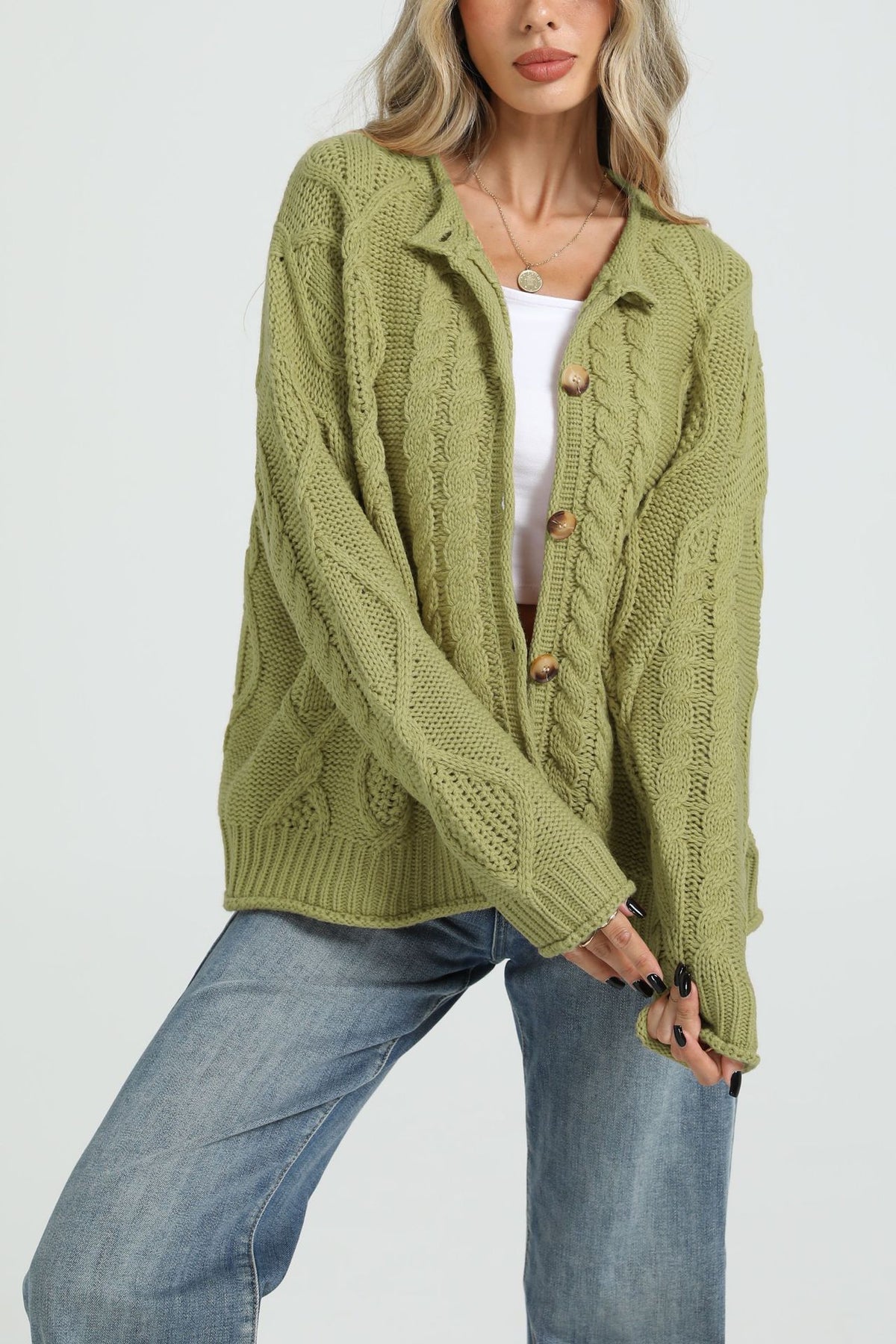 Olive green cable-knit button cardigan, loose fit, long sleeves