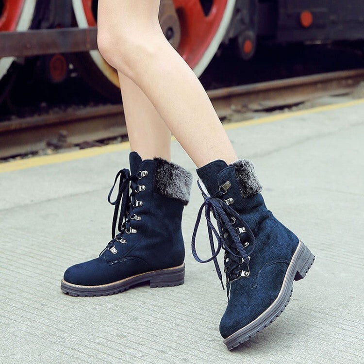 Navy lace-up winter boots with faux fur cuff and textured lug sole