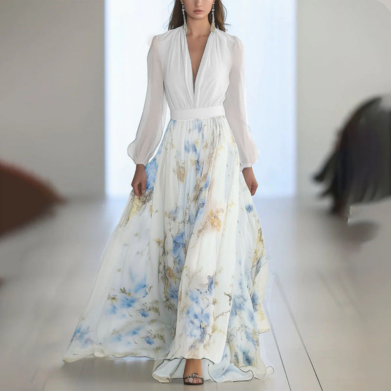 Floral maxi dress with white chiffon bodice, deep V-neck, puff sleeves, full skirt