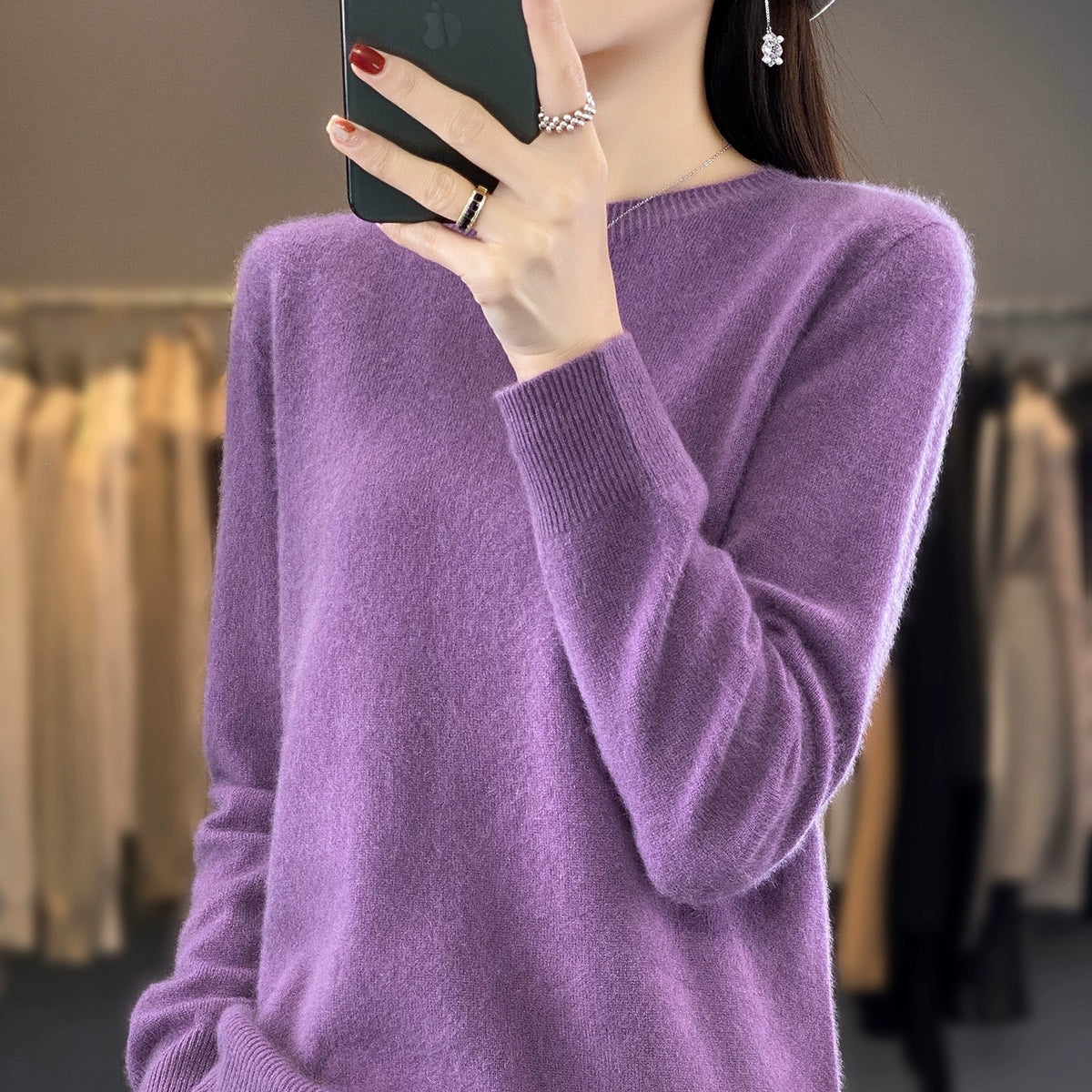 Women’s cashmere crewneck sweater, purple, relaxed fit knit with ribbed cuffs and hem