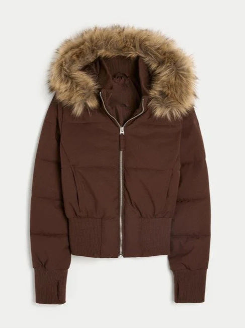 Short zip-up cotton jacket in brown with fur-trim collar and ribbed hem