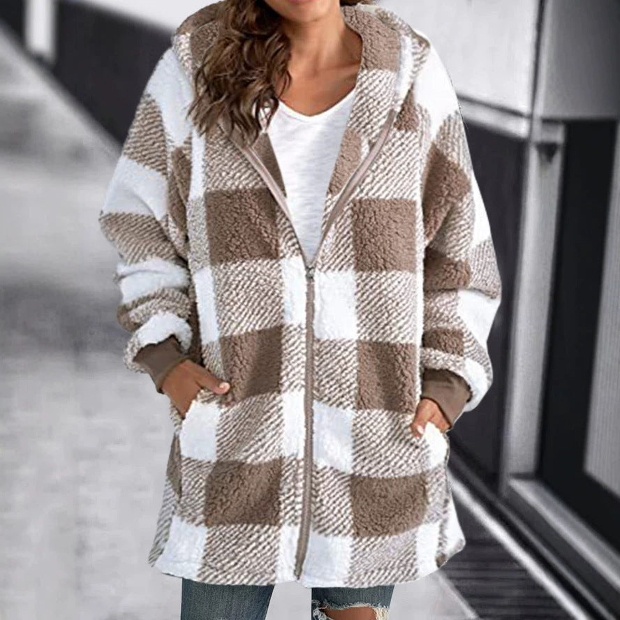 Women's plush plaid jacket with full-zip front, hood, and front pockets (tan/white)