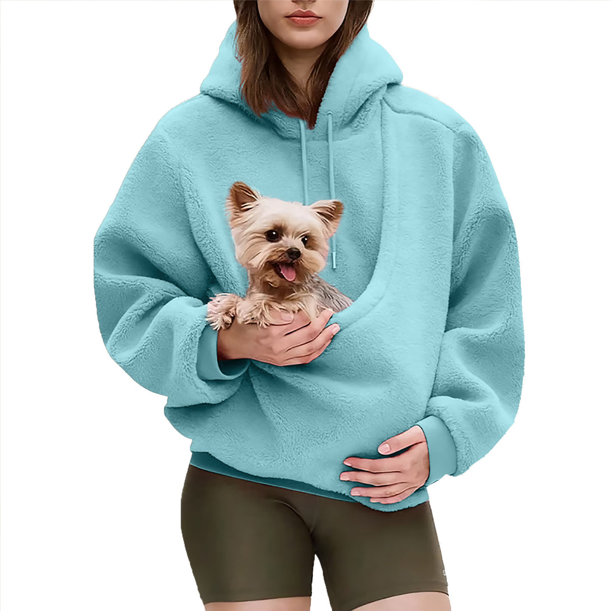 Sky blue hooded plush sweatshirt with front pouch pocket and dog