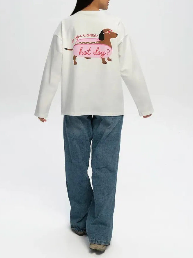 Long Sleeve T-Shirt for Women — Oversized Dachshund Back Print in Pure Cotton