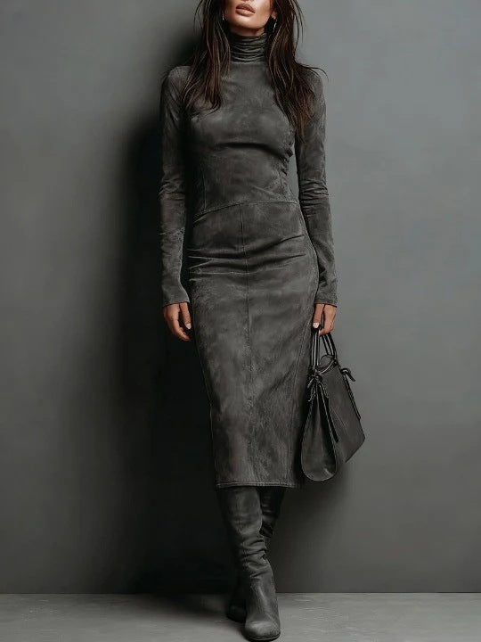 Faux Suede Midi Dress — Fitted Turtleneck Bodycon Silhouette with Long Sleeves