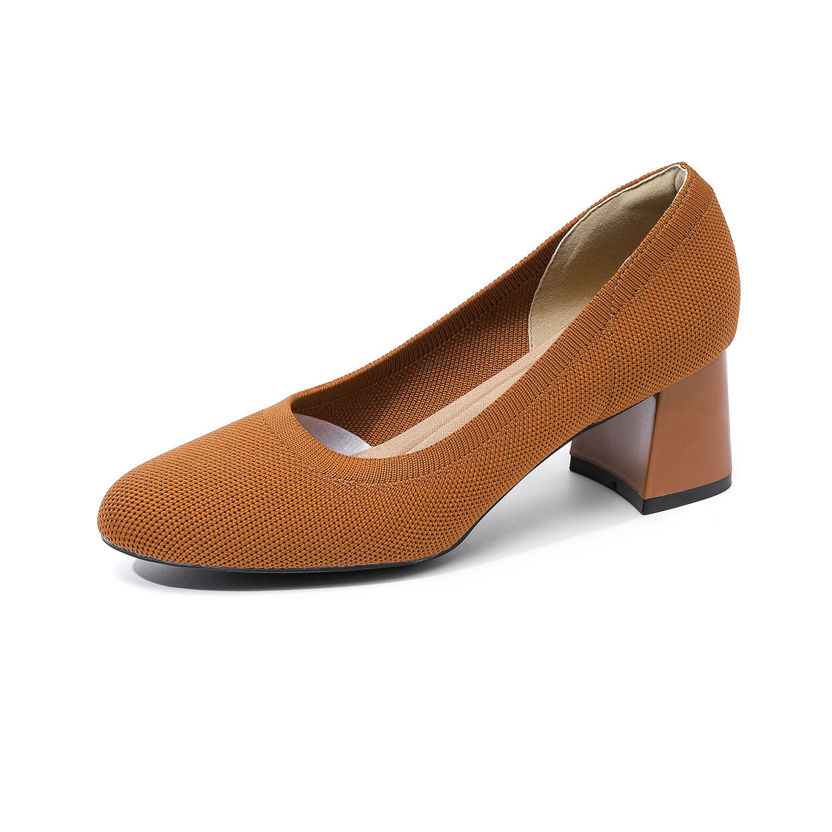 Orange knit pointed-toe pumps with chunky block heel
