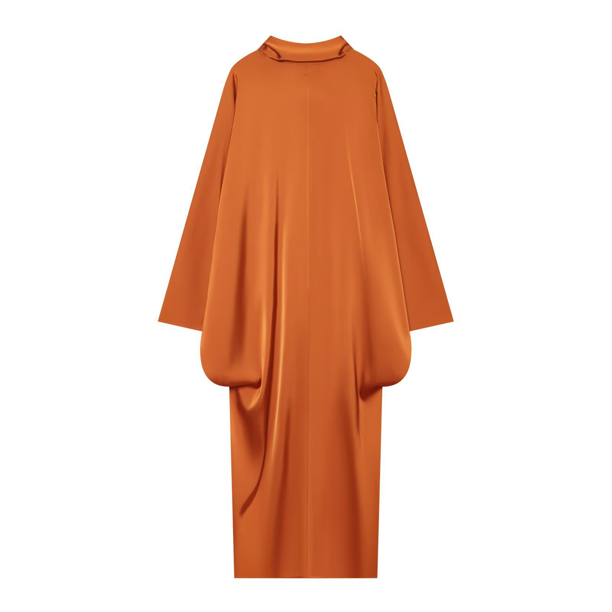 Orange satin kaftan maxi dress with high neck and batwing sleeves