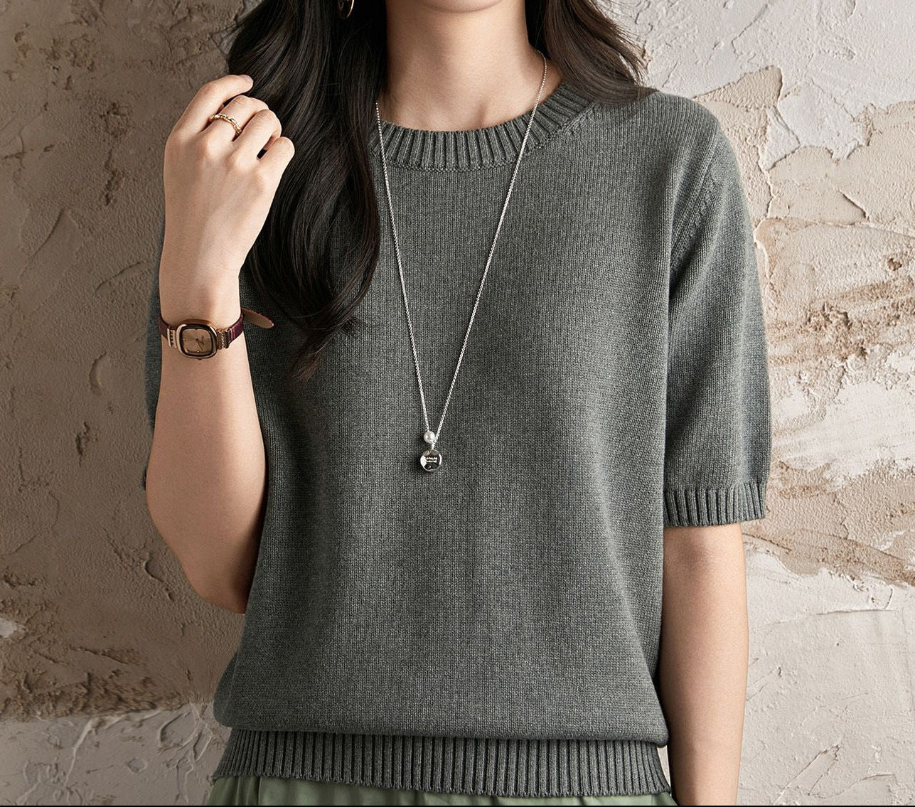 Short Sleeve Knit Top for Women — Crew Neck Cotton Sweater Tee with Ribbed Trim