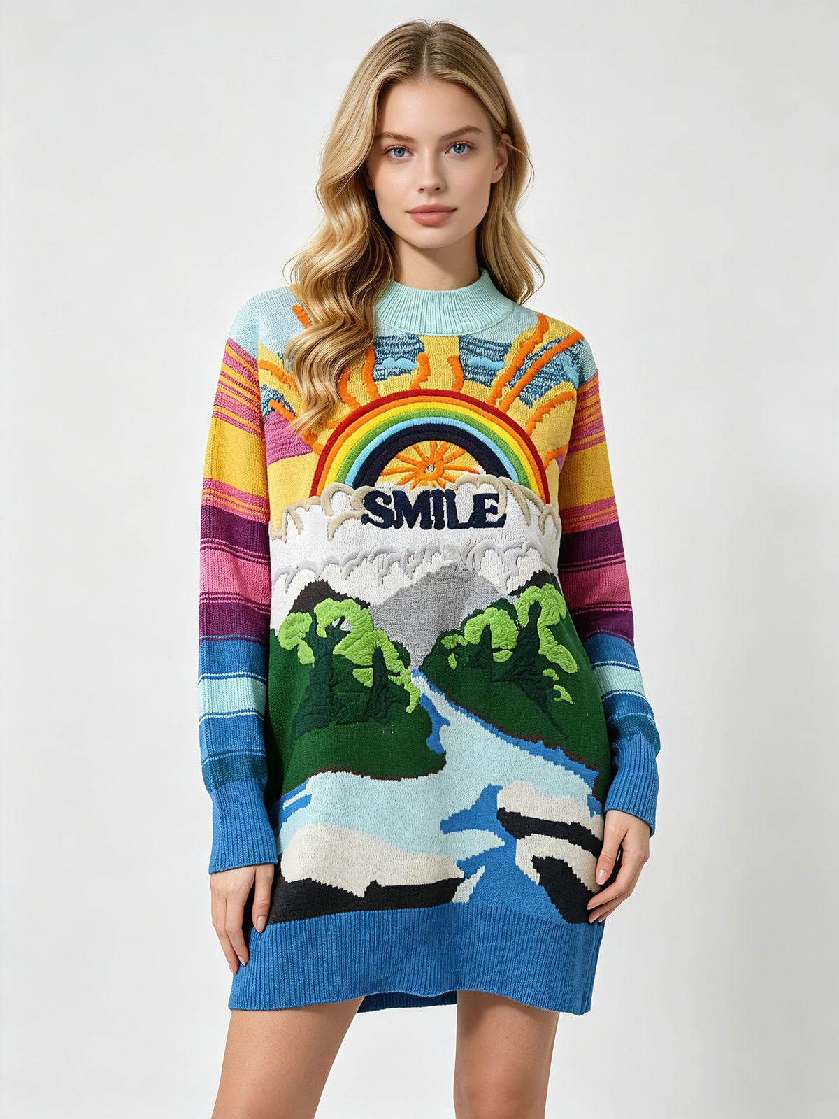 Women's sky-blue knit sweater dress with rainbow landscape 'Smile' embroidery