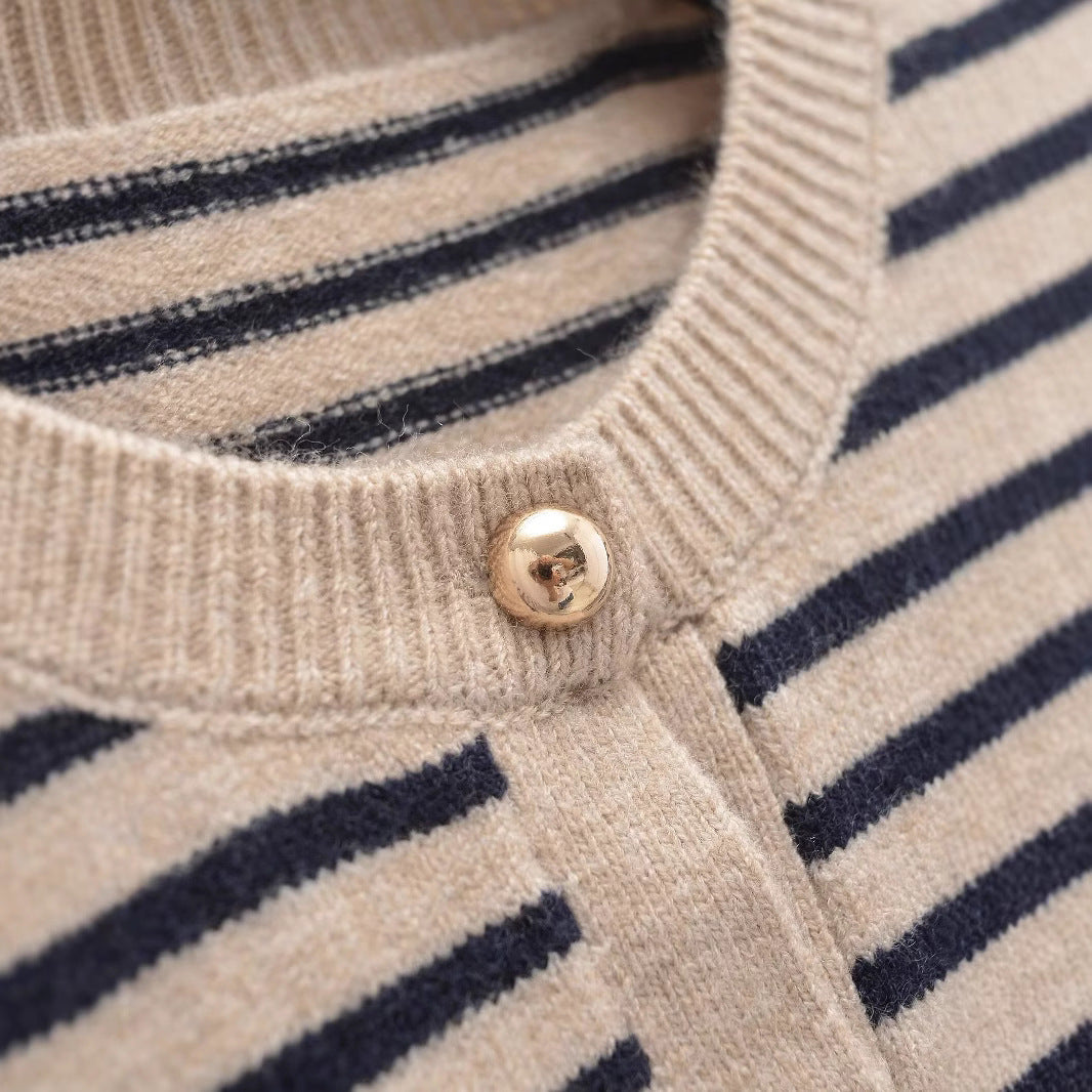 Striped Cardigan for Women — Classic Breton Knit with Gold Buttons in Soft Wool