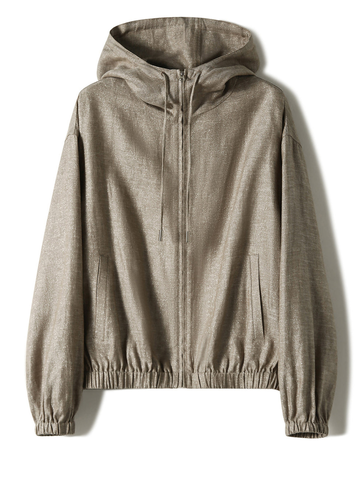 Light khaki gray hooded linen zip jacket with front zipper and side pockets