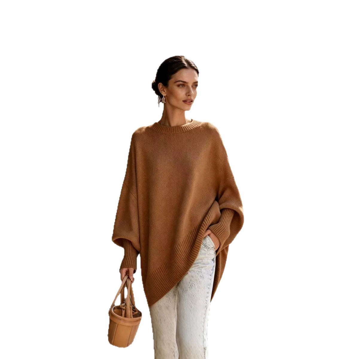 Plus-size knit sweater, solid tan, round neck pullover with oversized batwing sleeves