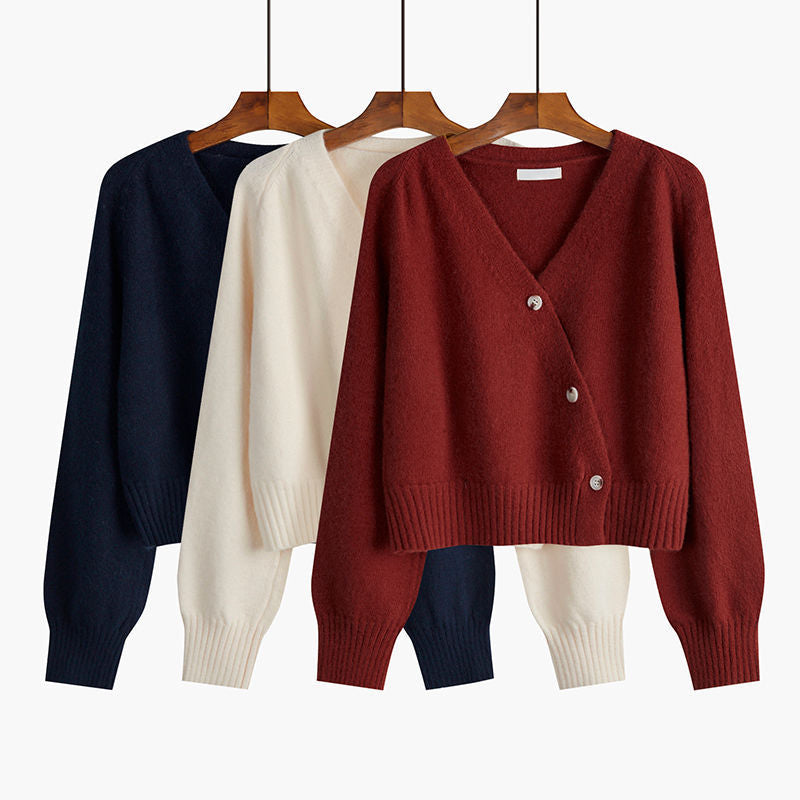 Women's knitted V-neck button cardigan, navy blue, long sleeves