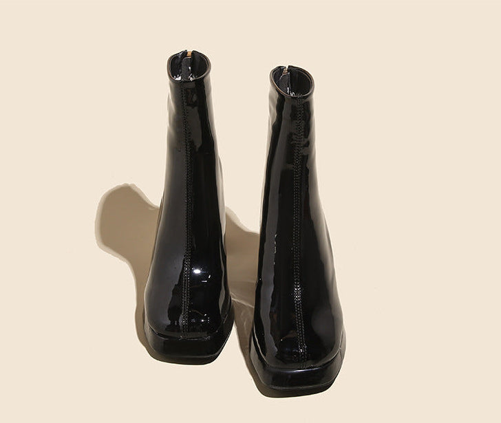 Patent Leather Ankle Boots for Women — Square Toe Platform with a Block Heel