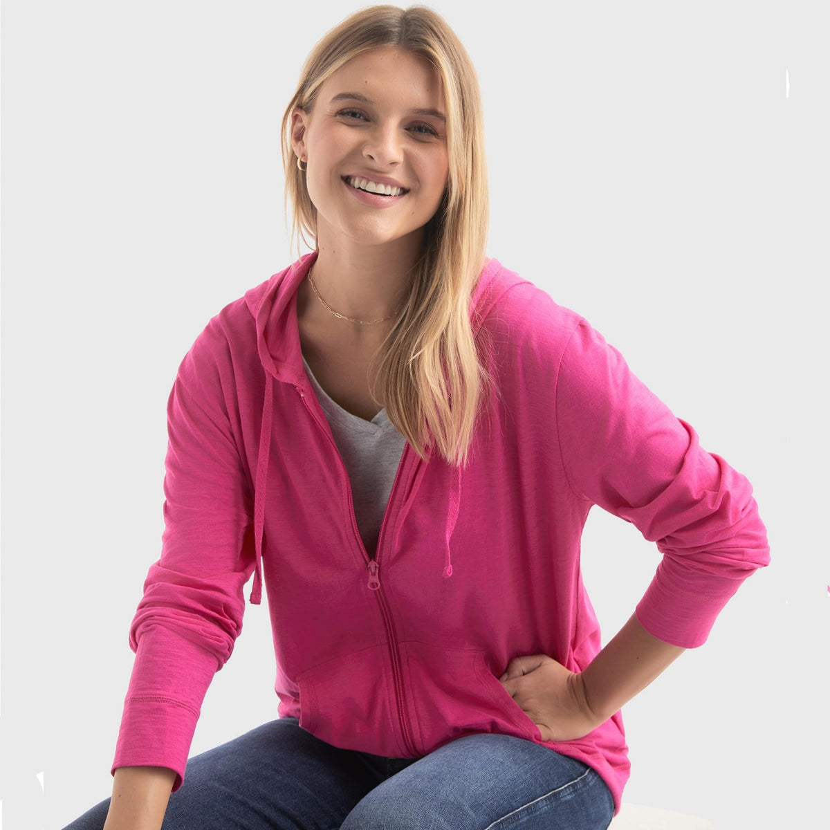 Pink plus-size zip-up hoodie sweatshirt with hood, drawstrings, and front zipper