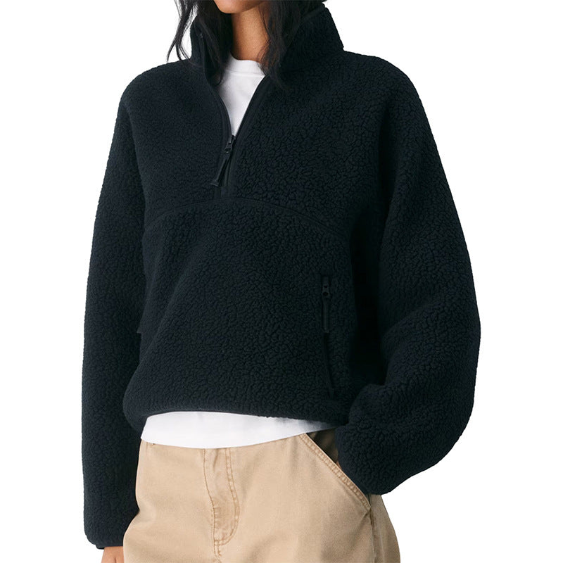 Women’s black fleece quarter-zip pullover with front pocket and long sleeves