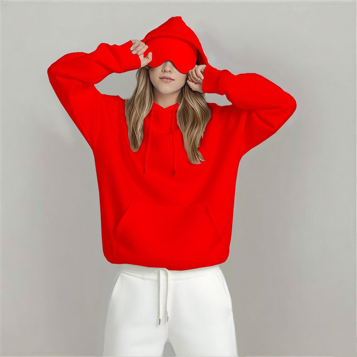 Oversized pullover hoodie with hood and front pocket, red
